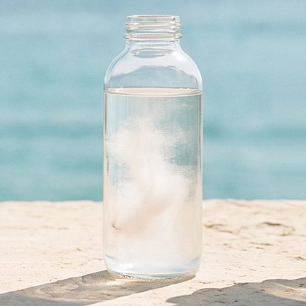 Clear bottle of cold water with a fine cloud of ALIKI powder mixing in, hard sun