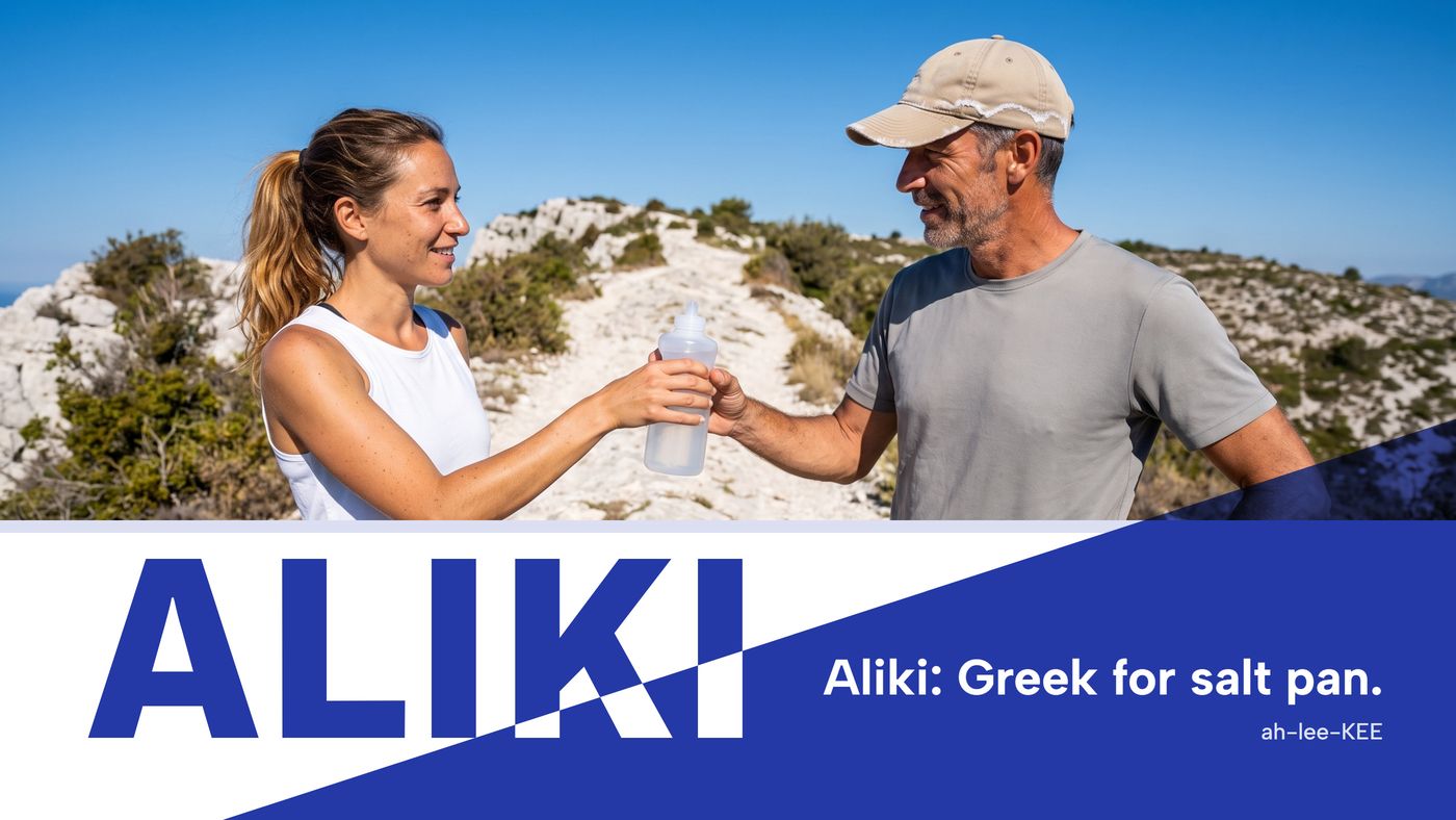 Opening spread: two trail runners on a limestone ridge pass a bottle, the ALIKI wordmark crosses the shade edge, Aliki: Greek for salt pan.
