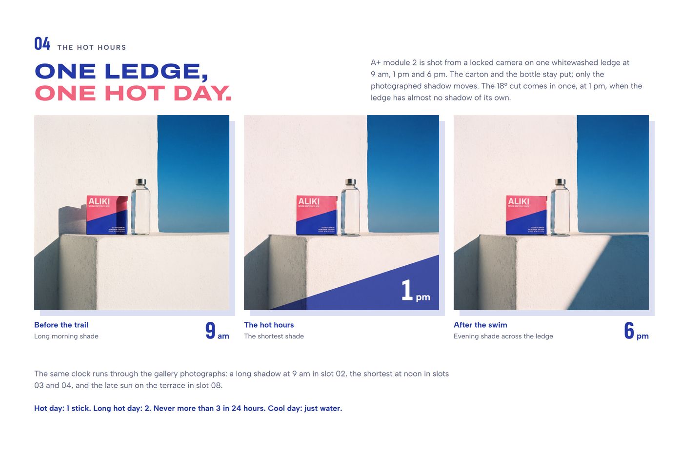 Chapter 04, the hot hours: one whitewashed ledge at 9 am, 1 pm and 6 pm, the carton and the bottle in place, only the shadow moving