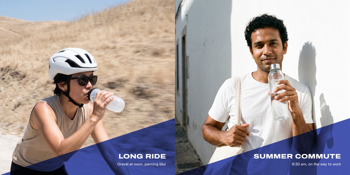 Diptych: a cyclist drinking on a gravel road and a man with a bottle on his way to work
