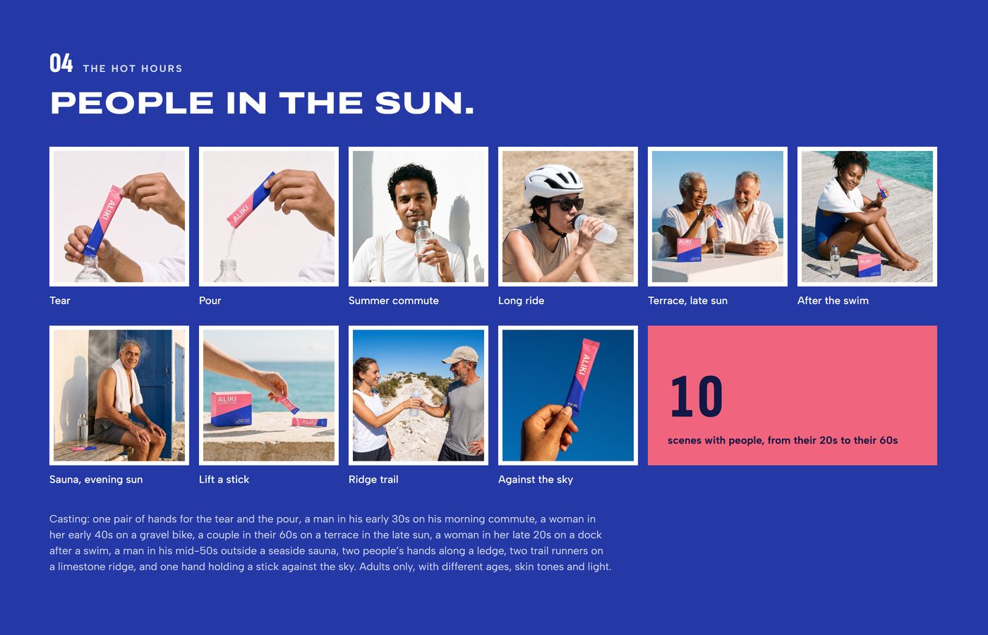 People in the sun: a grid of ten frames with people or hands, a tile reading 10 scenes with people, from their 20s to their 60s, and casting notes