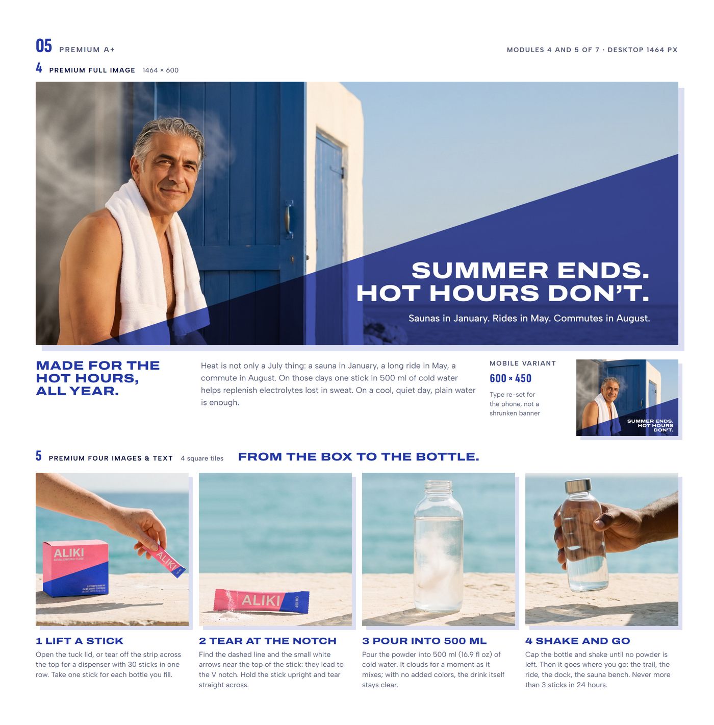 Premium A+ modules 4 and 5: a man outside a seaside sauna in the evening sun and four steps from the box to the bottle