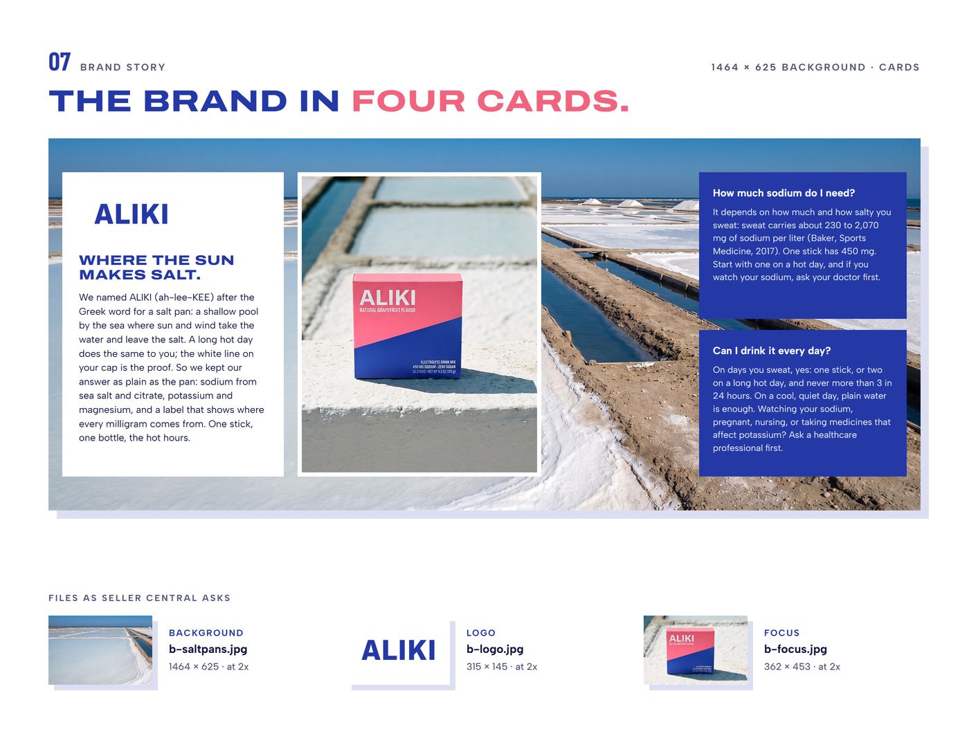 Chapter 07, Brand Story: salt pans, logo card, focus image, two questions