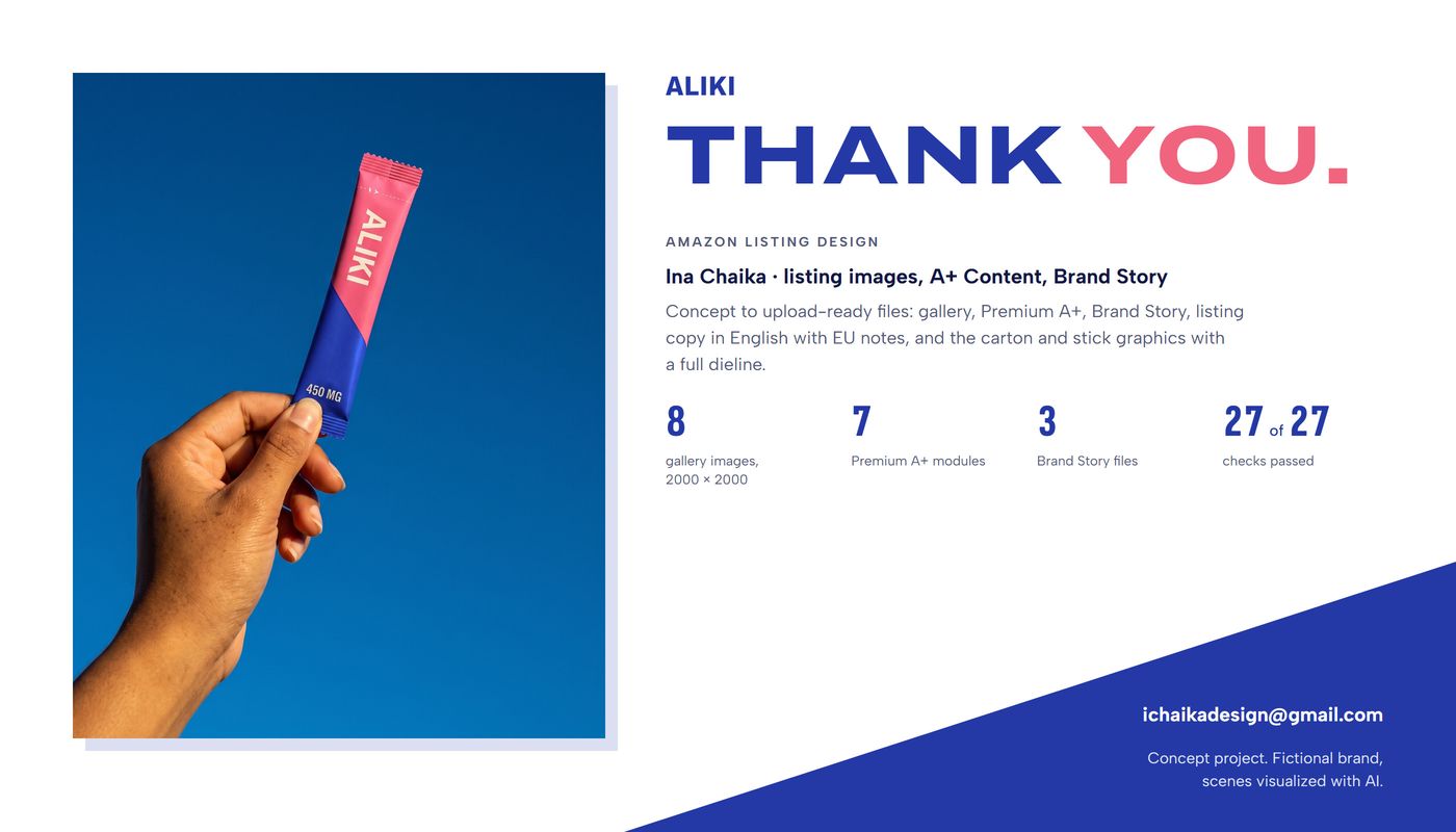 Closing panel: a hand holding a stick against the sky, thank you, package contents, contact