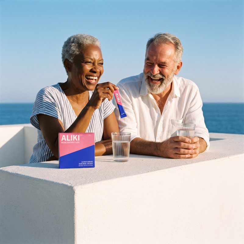 Couple laughing on a sunny terrace, she holds an ALIKI stick beside the closed carton