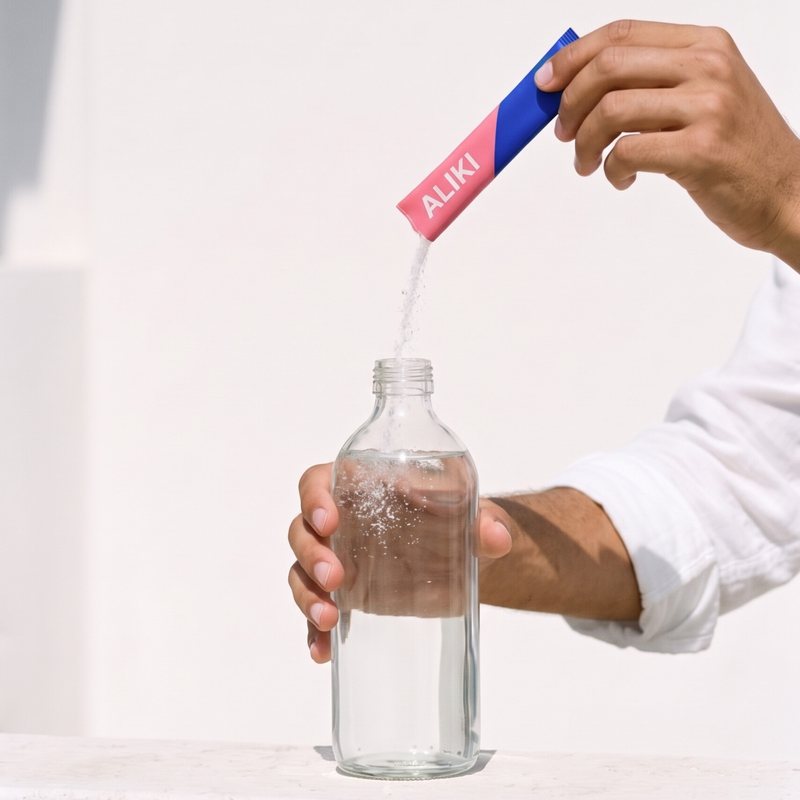 Hand pours the powder from the torn stick into a 500 ml bottle of water