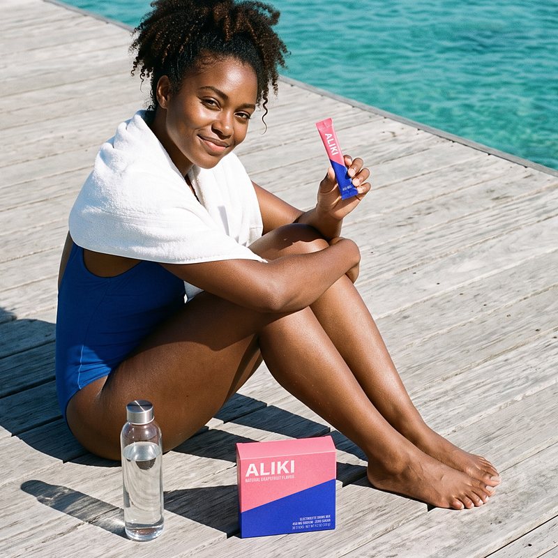 Woman on a sunny dock after a swim holds an ALIKI stick, carton and bottle beside her
