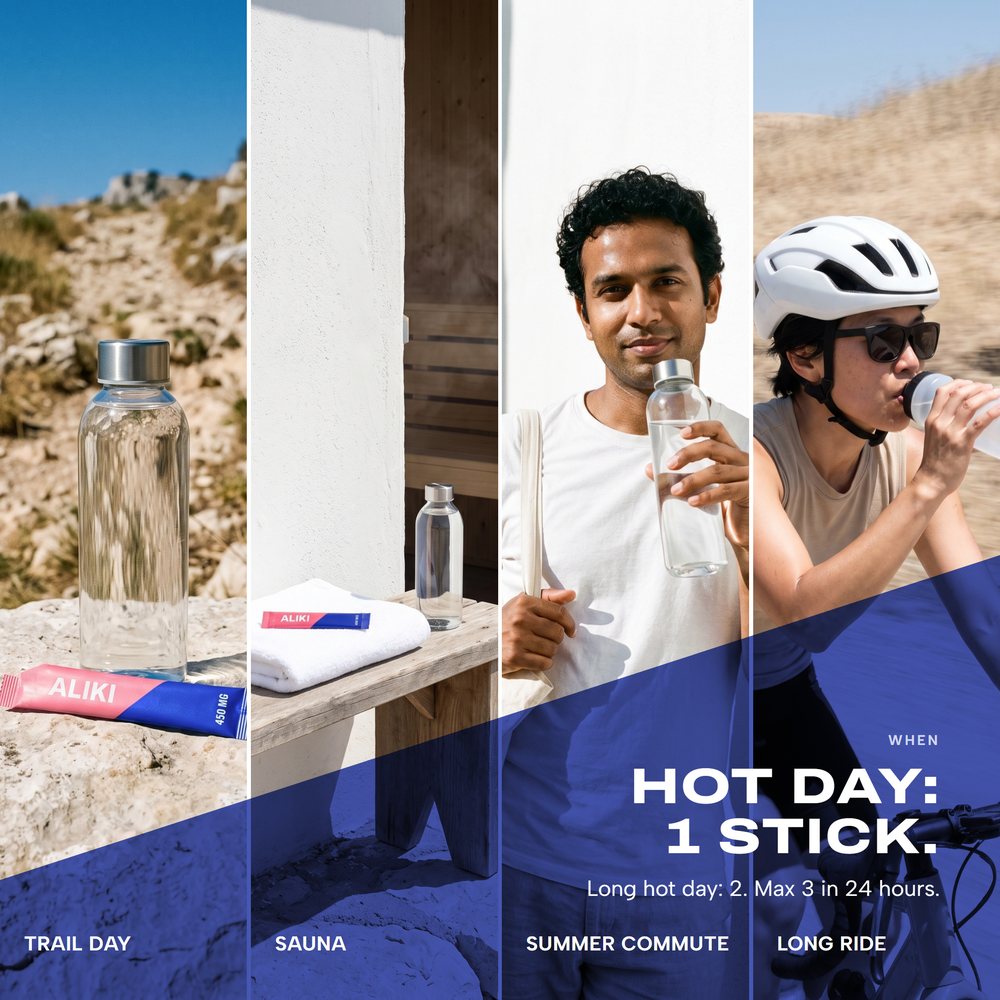 ALIKI on a trail, at a sauna, on a summer commute and a gravel ride, AI-generated people