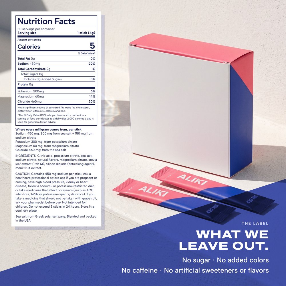 ALIKI carton back and two sticks on a whitewashed ledge beside the Nutrition Facts and caution