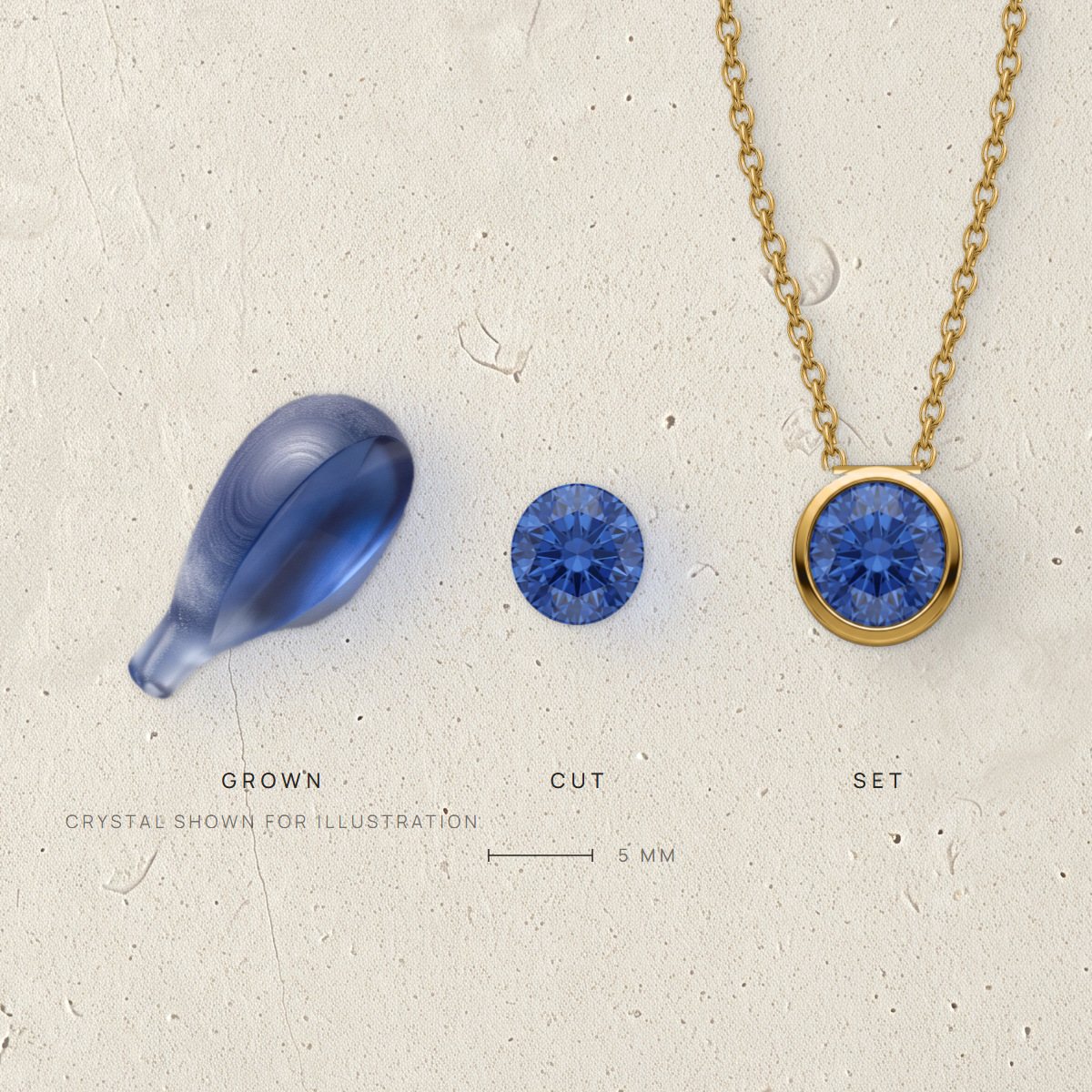 Grown corundum crystal, cut laboratory-grown sapphire and the set pendant, with a 5 mm bar