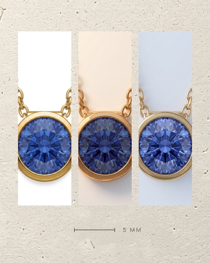 One laboratory-grown sapphire under three lights, with a 5 mm bar
