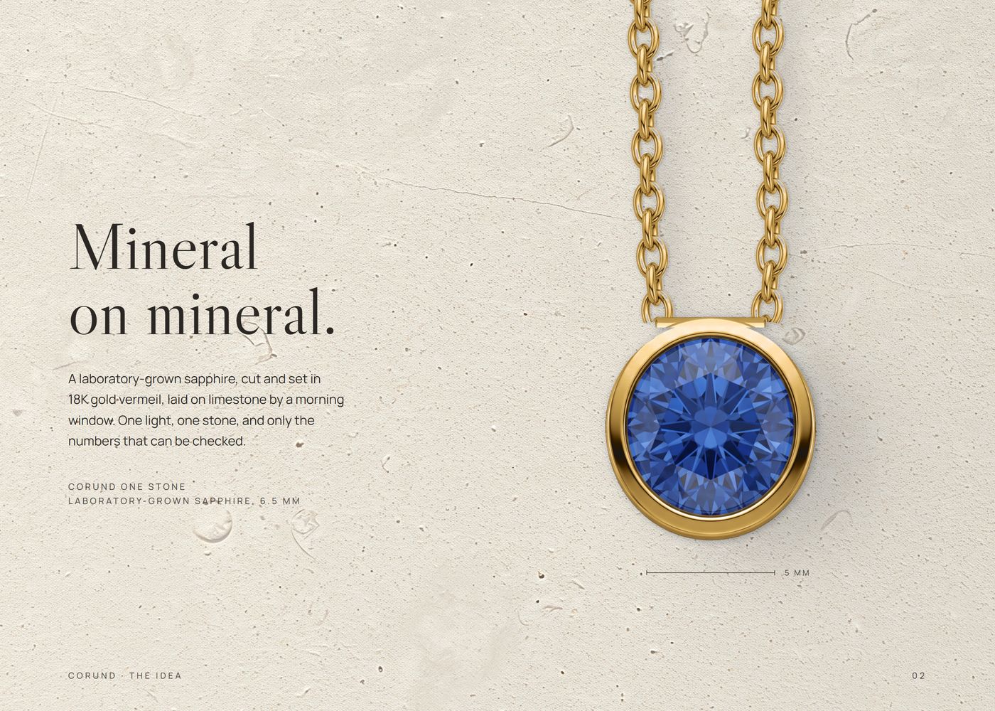 The idea, 'Mineral on mineral.': the Corund pendant large on limestone, the chain running off the top edge, shadows from the window on the left, a 5 mm bar and one line about the system