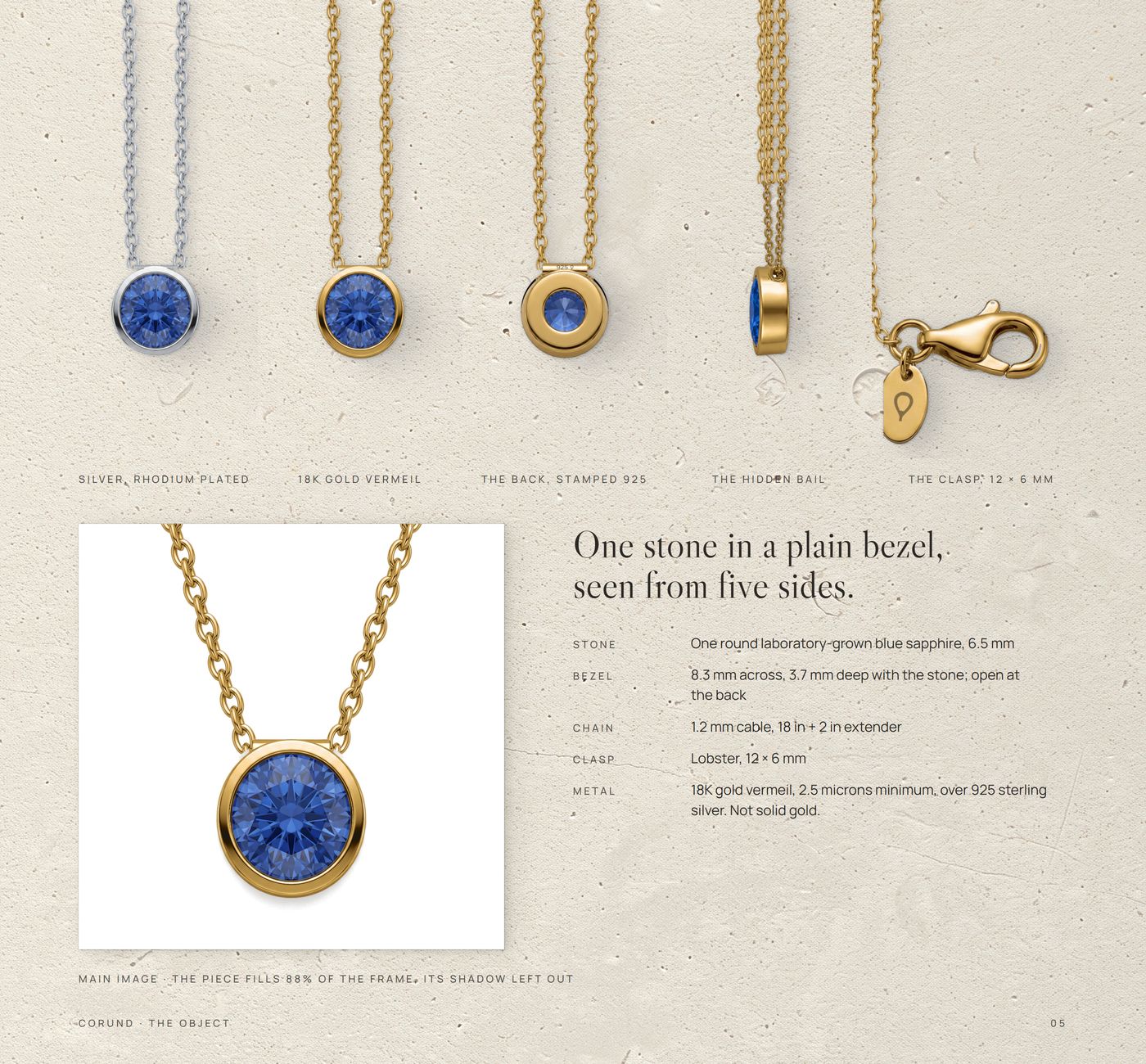 The object: five views on the stone at one scale, silver, vermeil, the back stamped 925, the hidden bail, the 12 x 6 mm clasp; the main image filling 88% and the piece in five lines