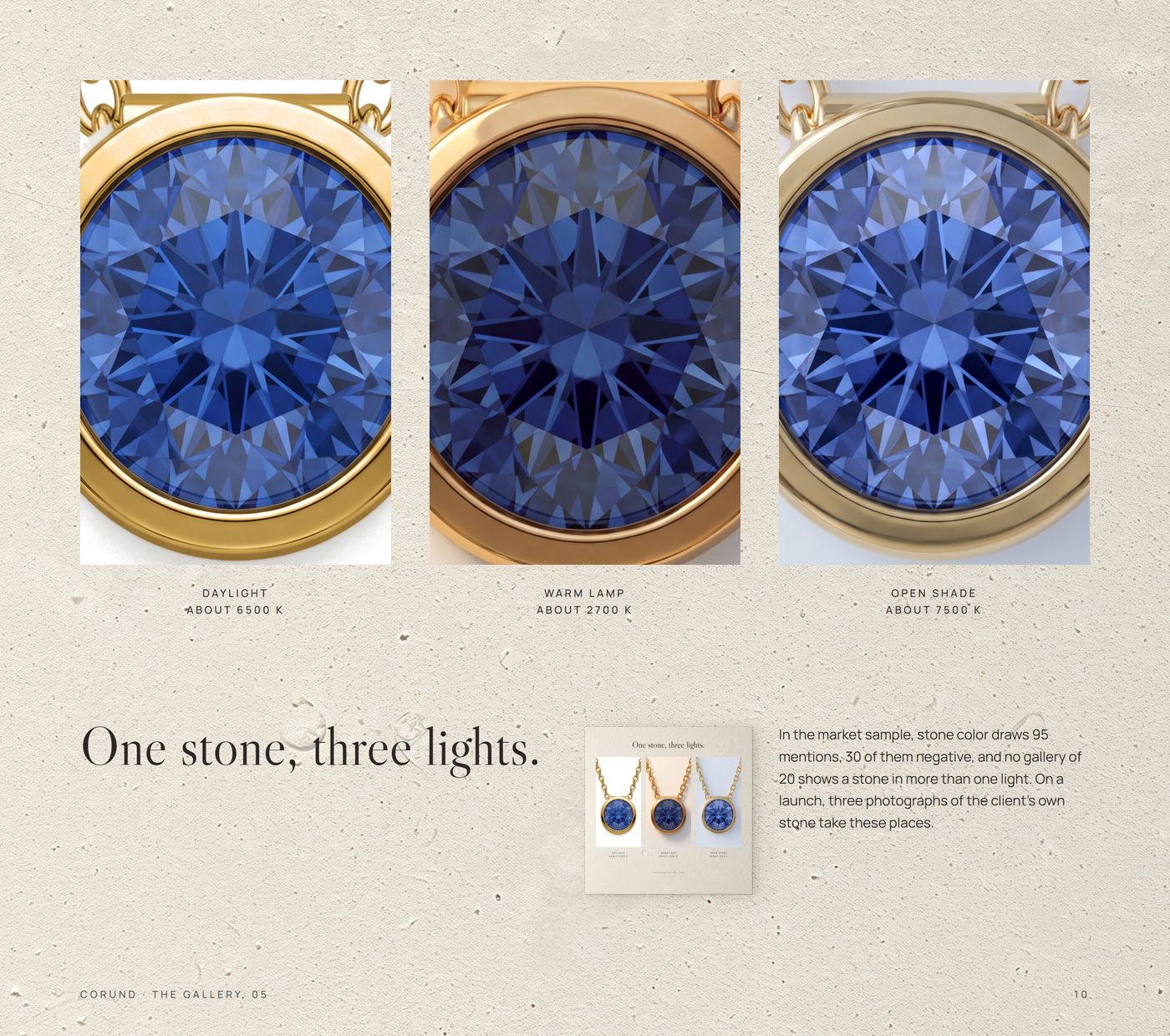 'One stone, three lights.': the same stone in daylight, under a warm lamp and in open shade as three tall windows, tile 05 below