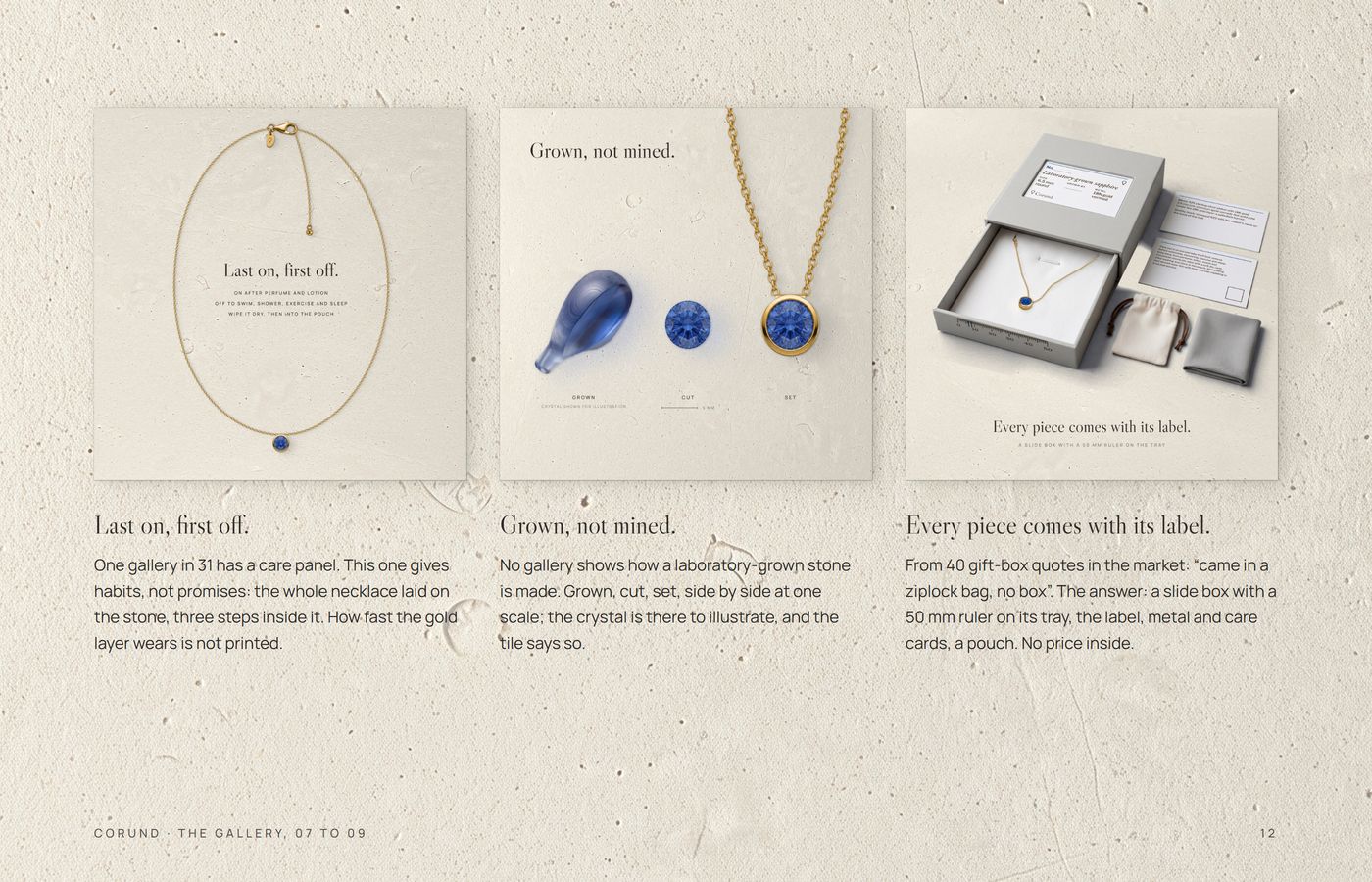 Tiles 07, 08 and 09: care, 'Last on, first off.'; 'Grown, not mined.', crystal, cut stone and pendant; and the box with its label and the ruler on the tray
