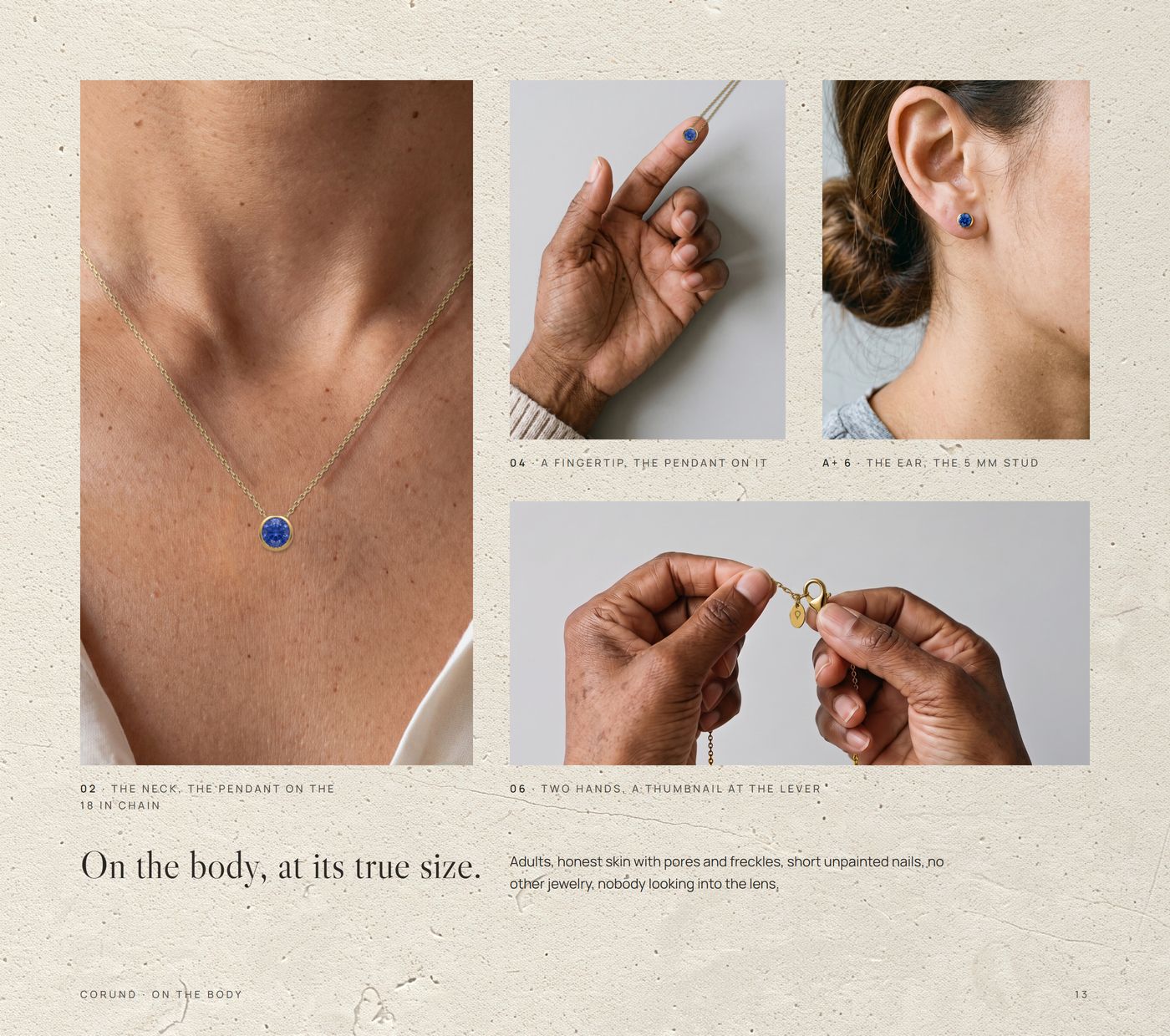 On the body: four windows in the stone, the neck with the pendant, a fingertip, an ear with a 5 mm stud, two hands at the clasp, and the casting rule in one line