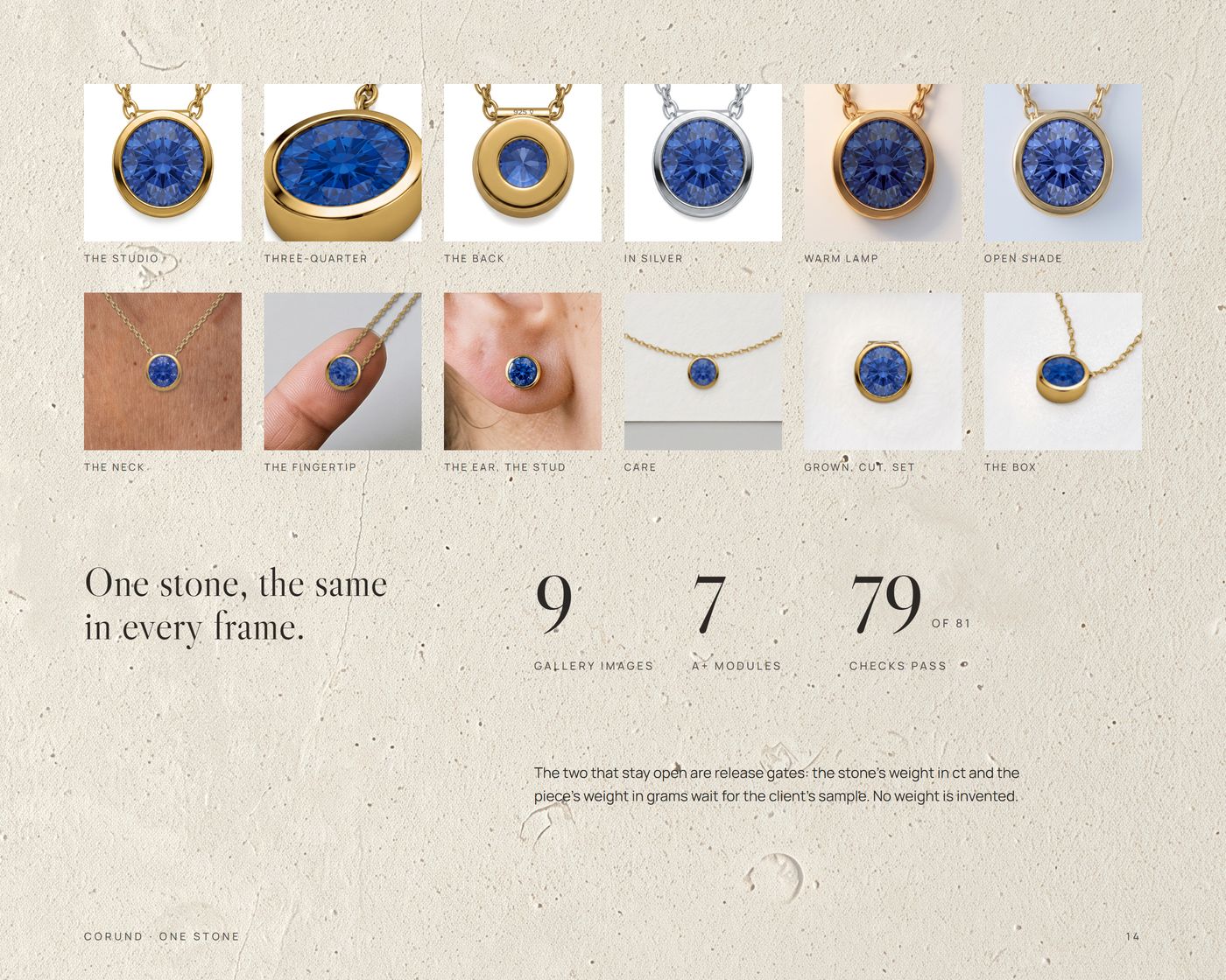 One stone in every frame: twelve squares of one stone from the studio to the box, with the client's numbers, 9 gallery images, 7 A+ modules, 79 of 81 checks