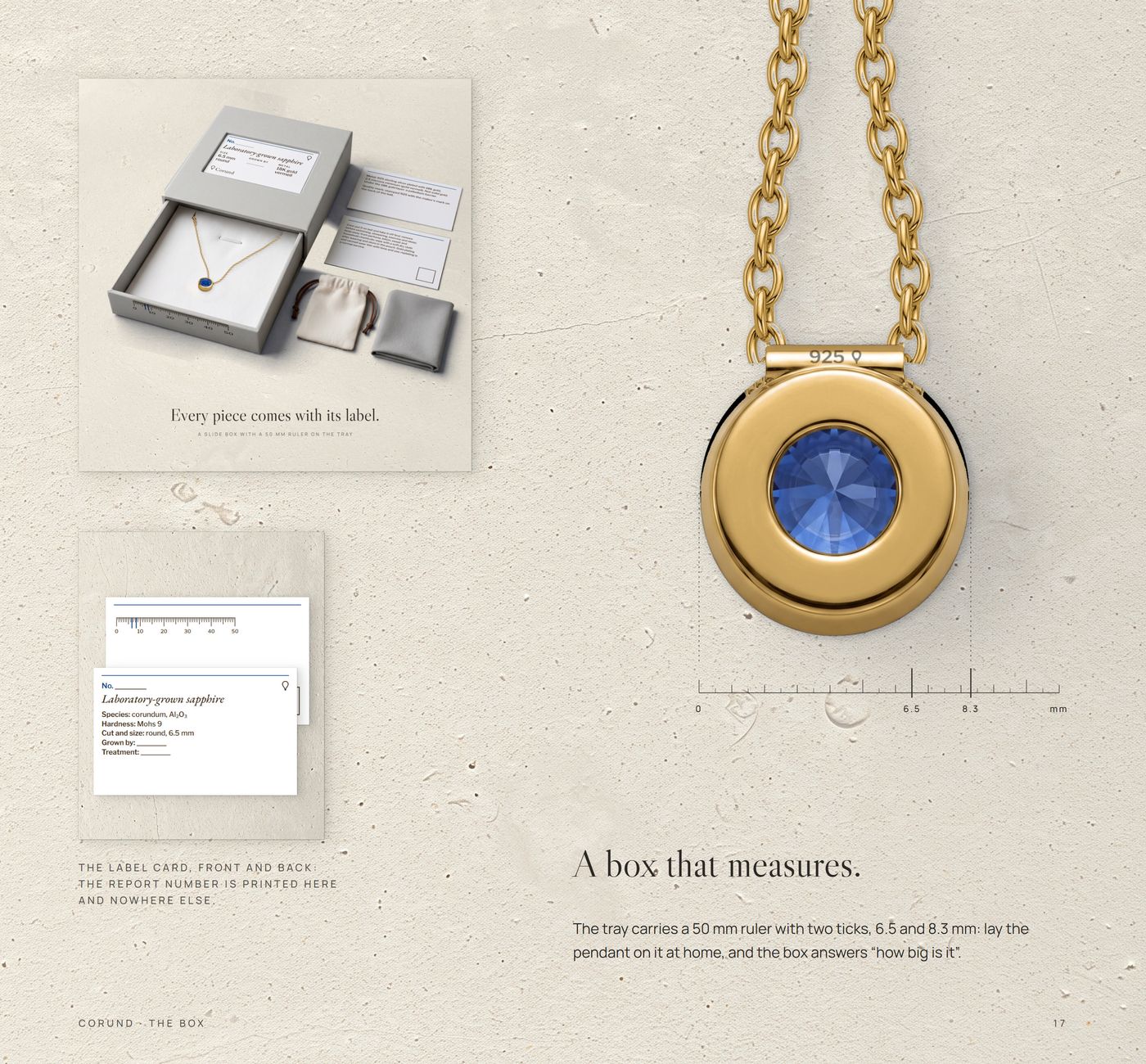 'A box that measures.': tile 09, the label card front and back, and the back of the pendant stamped 925 large above the tray's ruler, ticks at 6.5 and 8.3 mm