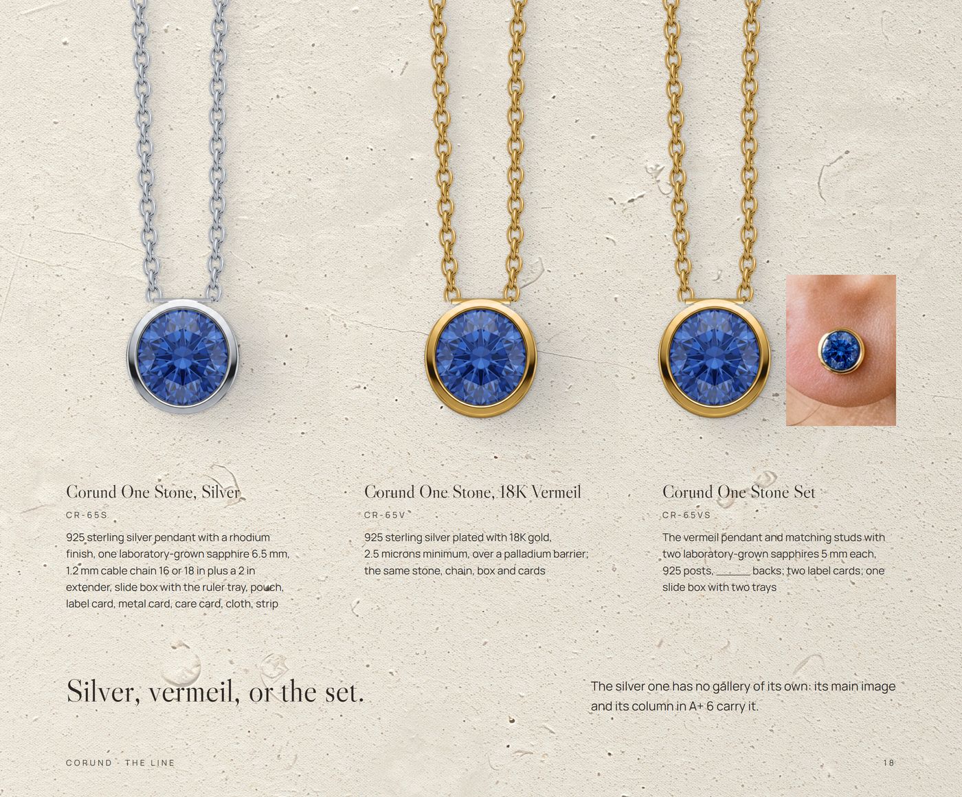 The line, 'Silver, vermeil, or the set.': silver, vermeil and the set with its stud on limestone at one scale, with names, models and contents, no prices