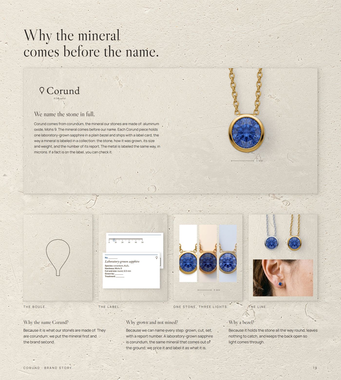 Brand Story, 'Why the mineral comes before the name.': the background with the pendant on limestone, the mark and text over it, four cards and three questions
