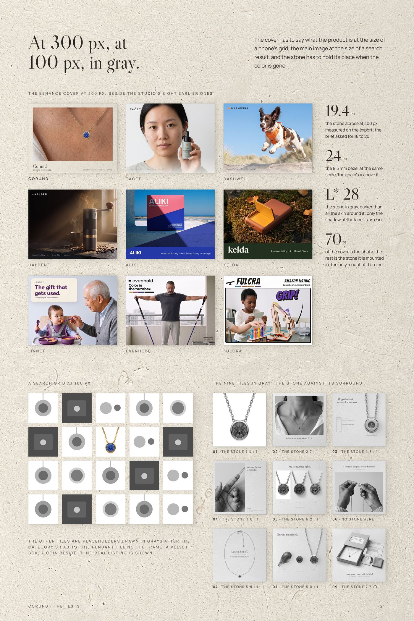 Checks: the cover at 300 px beside the studio's eight other covers and its measurements, the main image at 100 px among gray tiles, and the nine tiles in gray