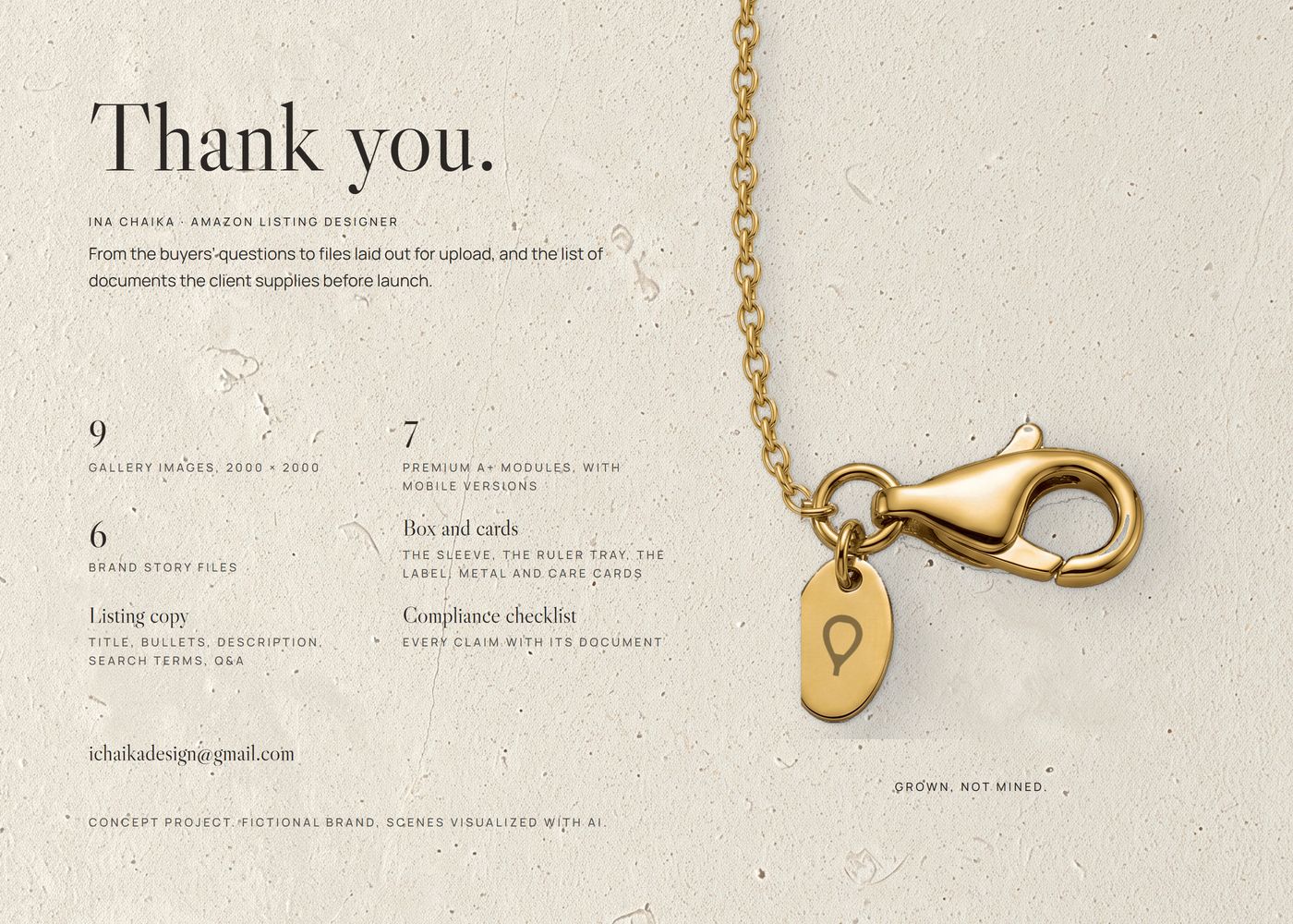 Closing panel: 'Thank you.', what the client receives and the contact; on the right, the clasp with its boule tag on limestone and 'Grown, not mined.'