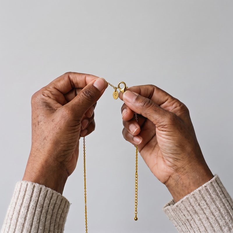 Hands holding the Corund lobster clasp and its extender, a thumbnail at the lever