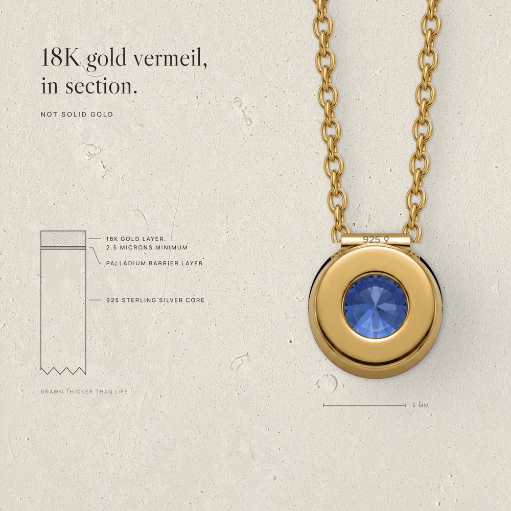 Corund 18K gold vermeil layers drawn in section, the pendant back stamped 925, 5 mm bar