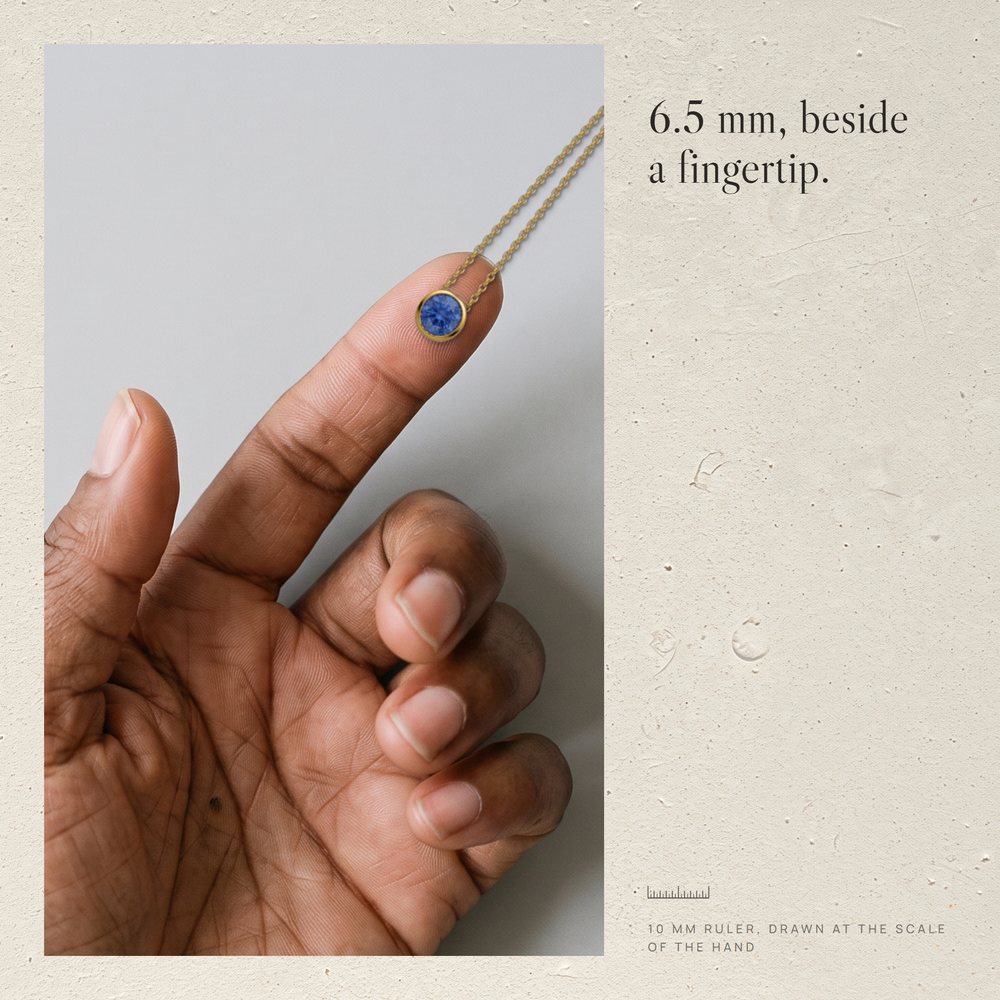 AI-generated fingertip with the Corund pendant and a 10 mm ruler at the same scale