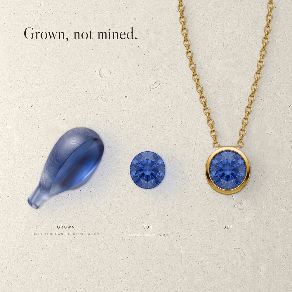 Grown corundum crystal, cut laboratory-grown sapphire and the set Corund pendant, 5 mm bar