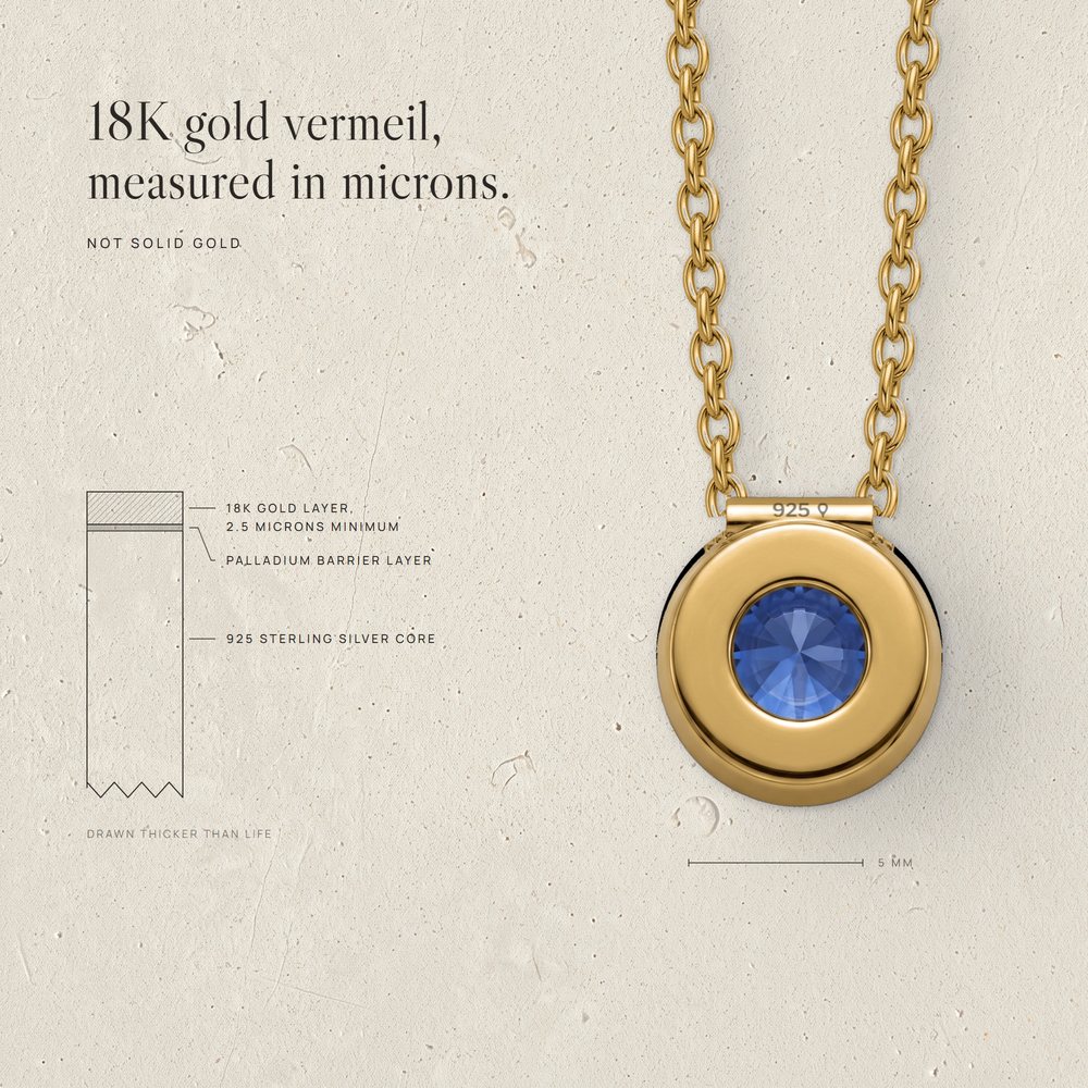 Corund 18K gold vermeil layers drawn in section, the pendant back stamped 925, 5 mm bar