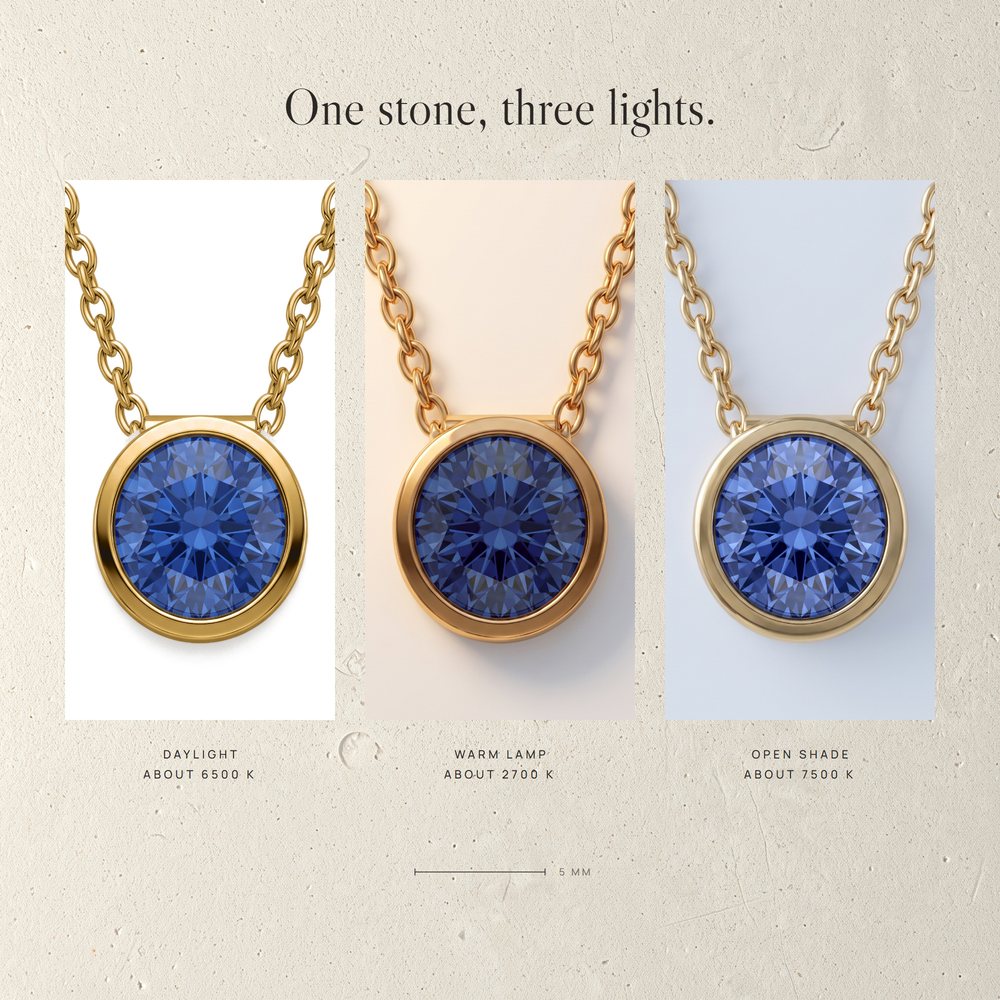 Corund laboratory-grown blue sapphire under daylight, a warm lamp and open shade, with a 5 mm bar