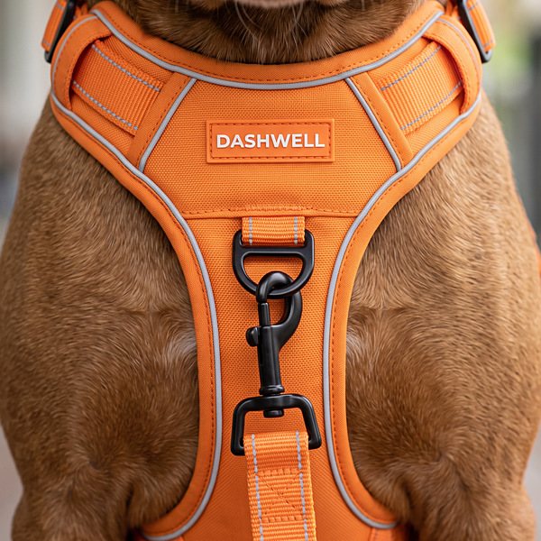 Close view of the leash snap hook clipped to the front D-ring on the Dashwell harness chest plate