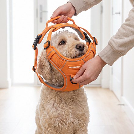 Hands lowering the opened Dashwell harness over a sitting labradoodle's head
