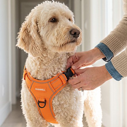 Hands clicking the Dashwell harness side buckle under a dog's chest