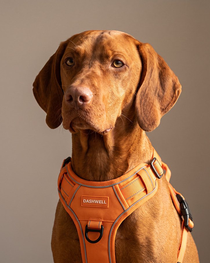 Vizsla wearing the Dashwell harness, head and chest, label and front ring visible