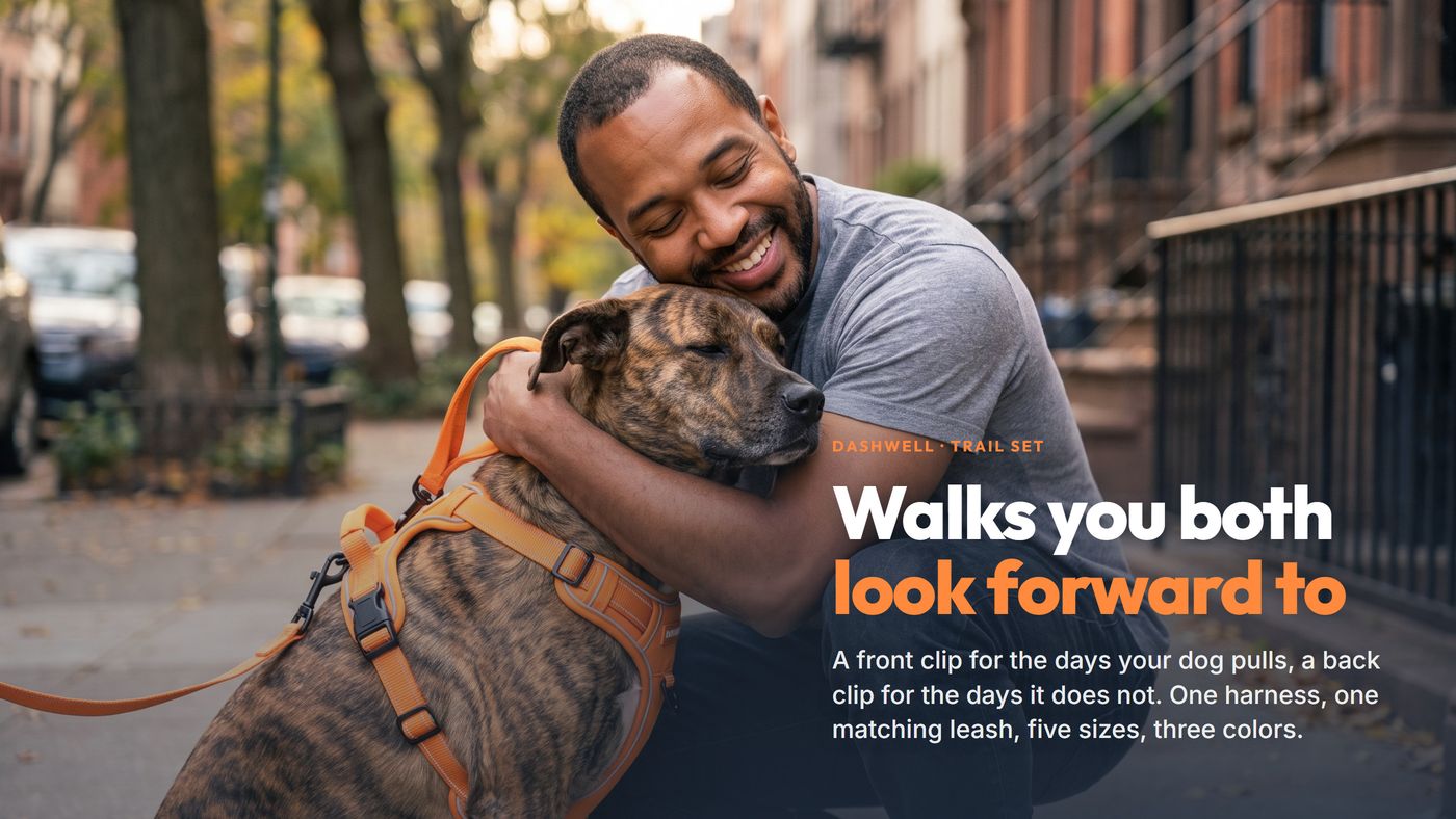 Opening spread: a man hugging his dog in the street, headline Walks you both look forward to