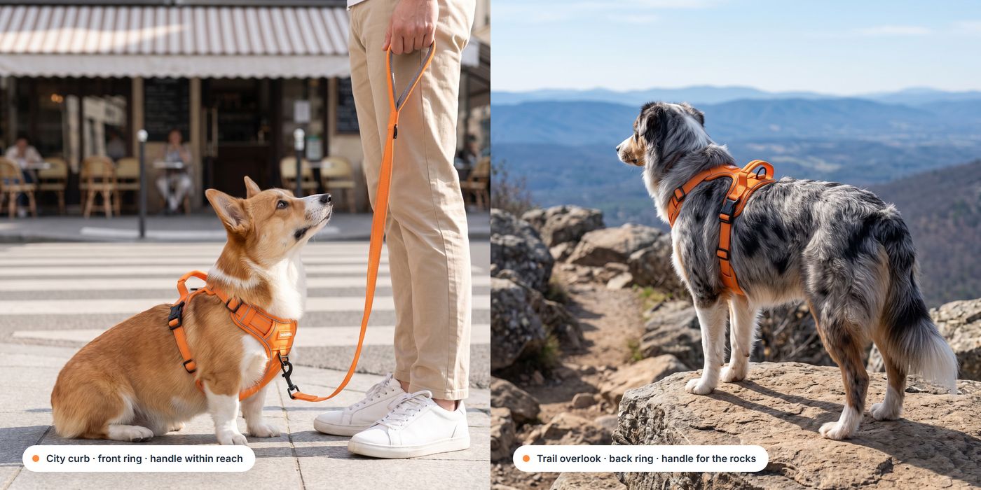 Diptych: a corgi at a city curb and an Australian shepherd on an overlook