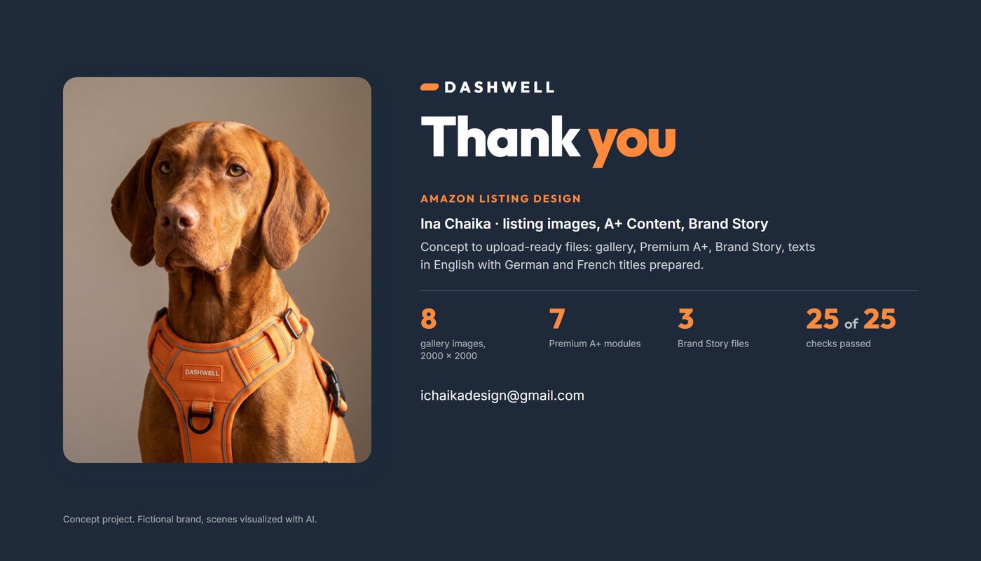 Closing panel: a vizsla in the harness, thank you, package contents, contact