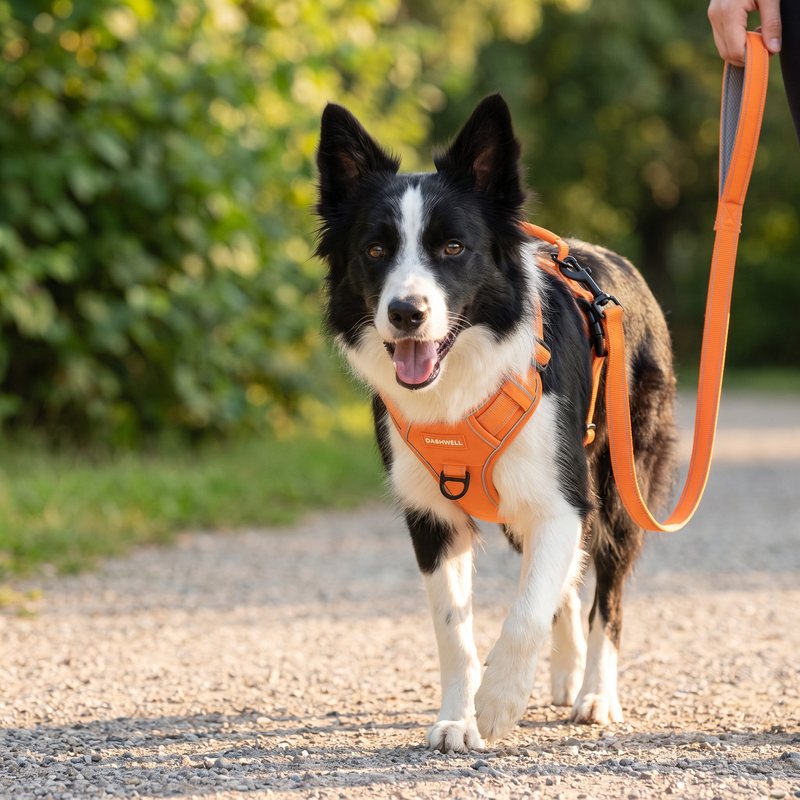 Border collie in the mango Dashwell harness on a park path, owner's hand holding the padded leash handle