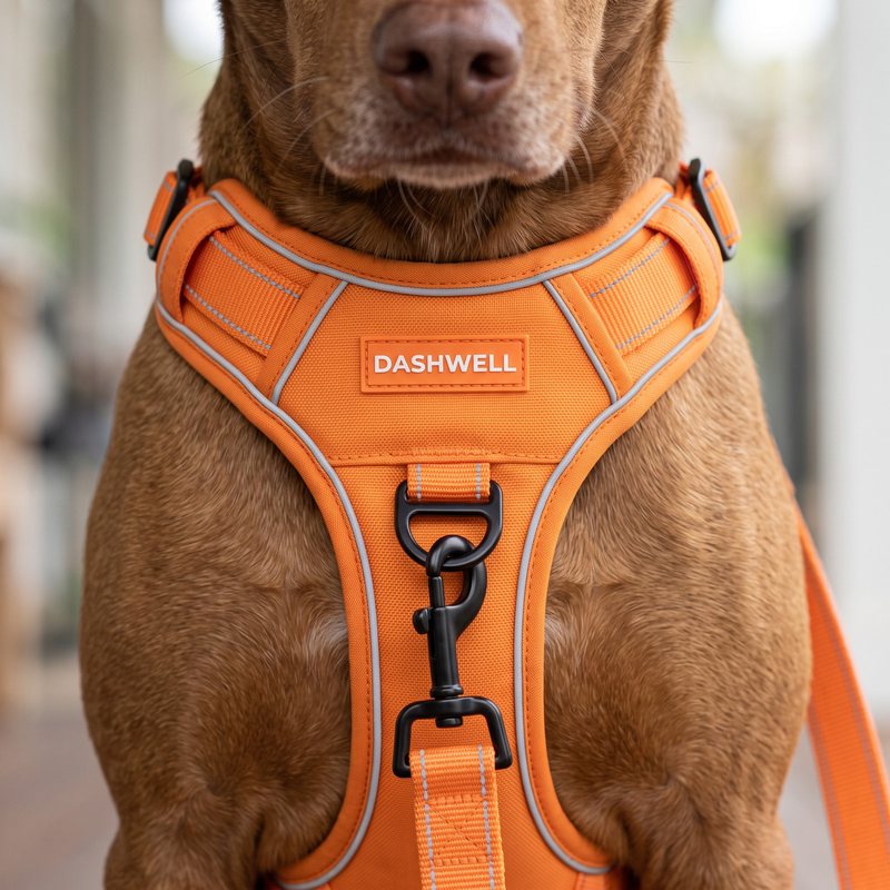 Leash snap hook clipped to the front D-ring under the DASHWELL label on the chest plate