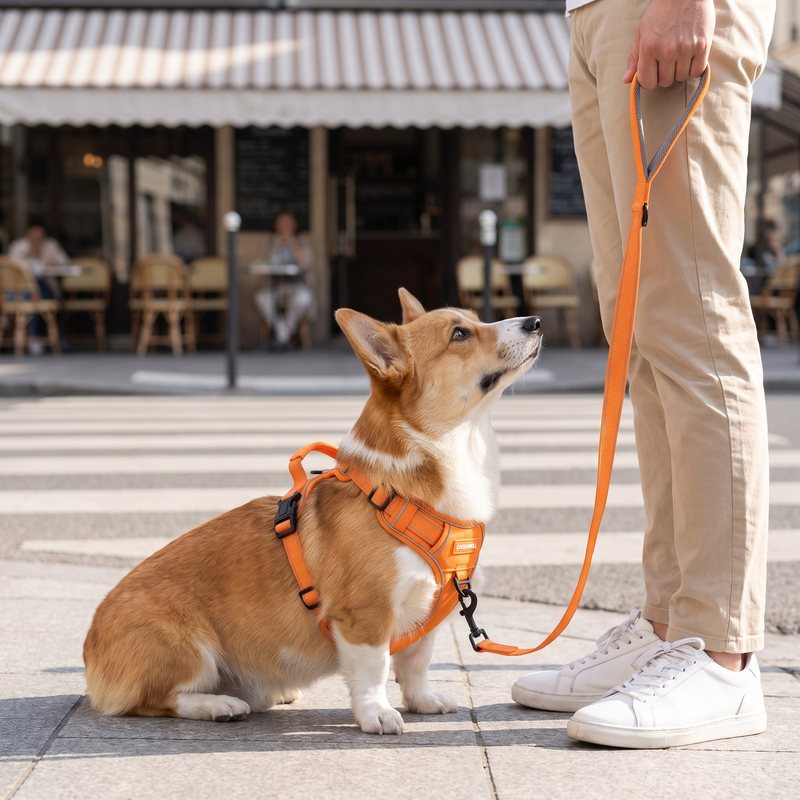 Corgi in the harness at a city crossing, leash on the front ring, owner standing beside
