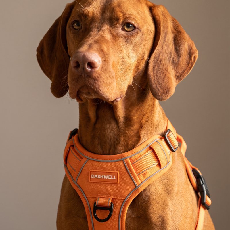 Vizsla wearing the harness, Y-front, label and front ring visible