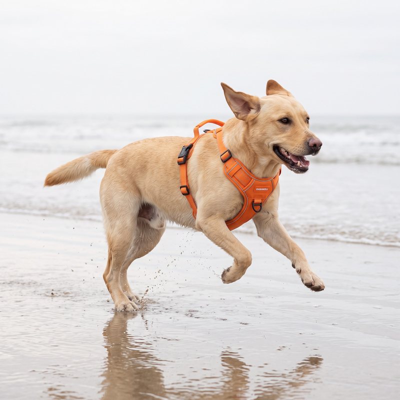 Yellow labrador mix in the harness running along the water line