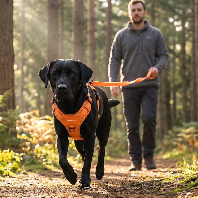 Black labrador in the harness on a forest trail, owner walking behind with the leash