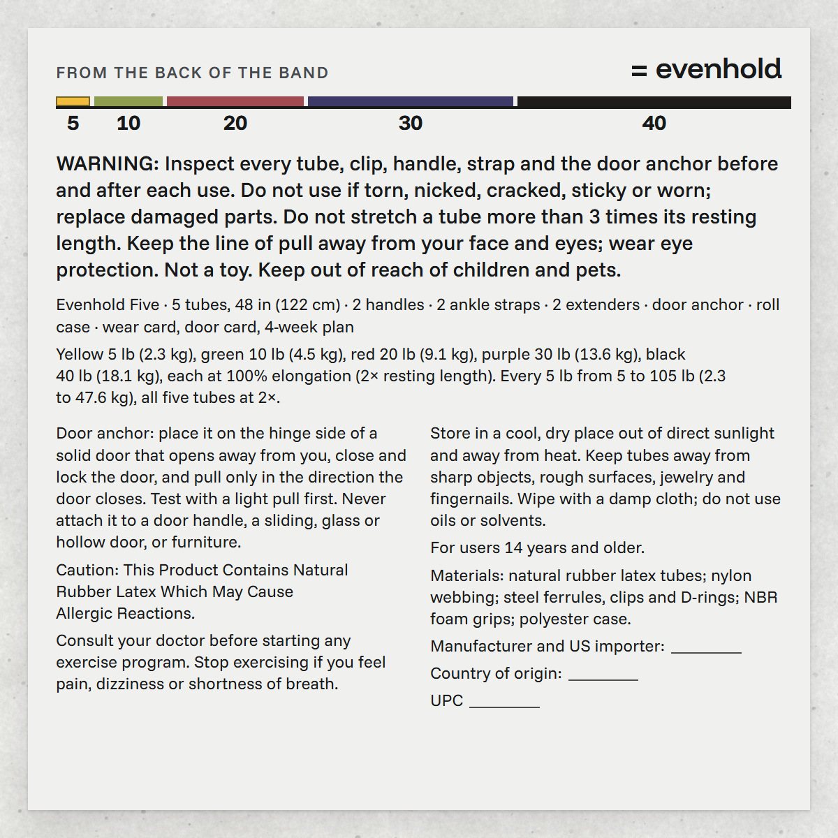Back of the Evenhold paper band: contents, ratings, warnings, age and origin
