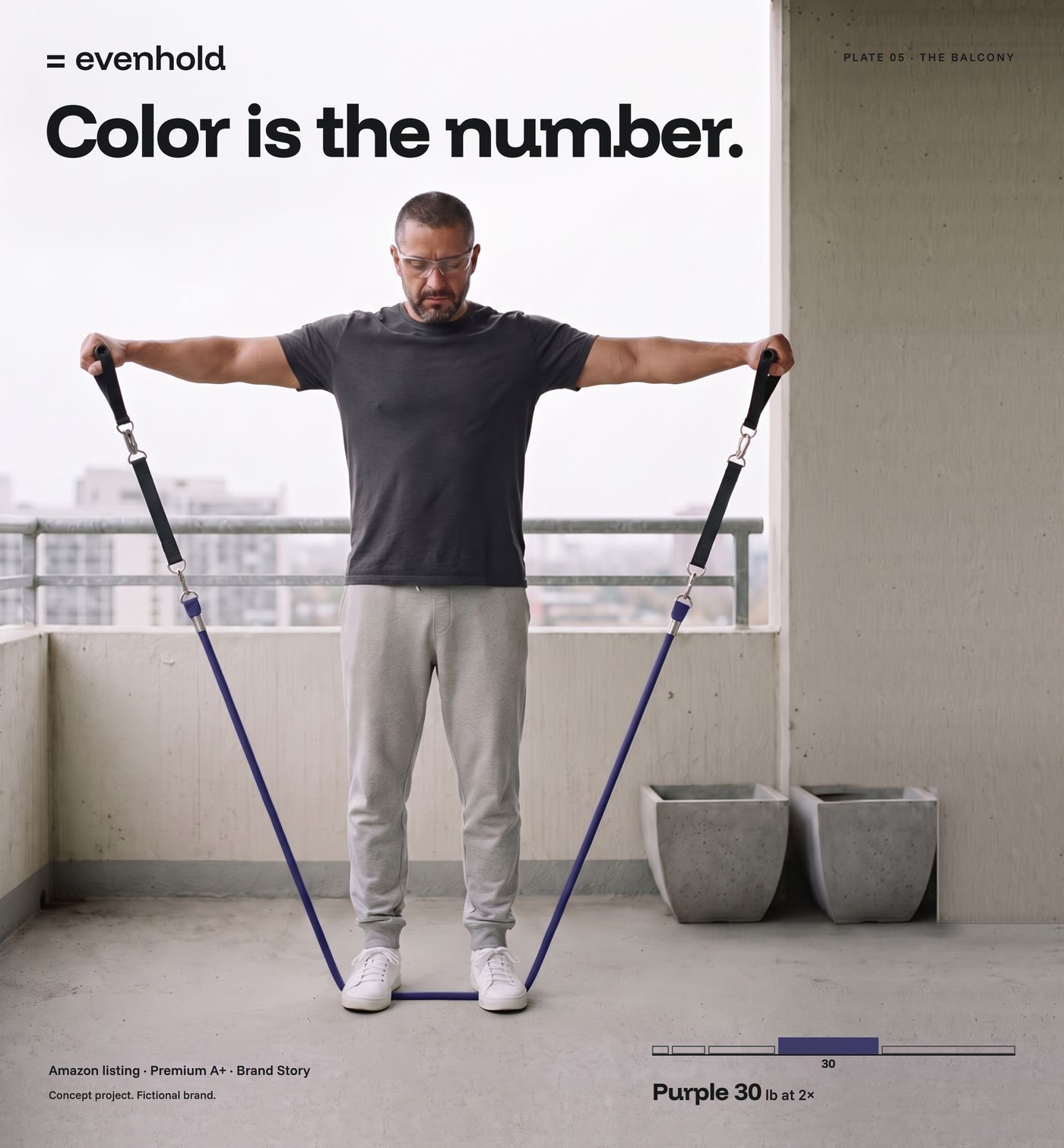Case cover: a man on the balcony across the whole panel does a lateral raise on the purple Evenhold tube with extenders; on the sky '= evenhold' and 'Color is the number.', on the floor the load strip 'Purple 30 lb at 2×'