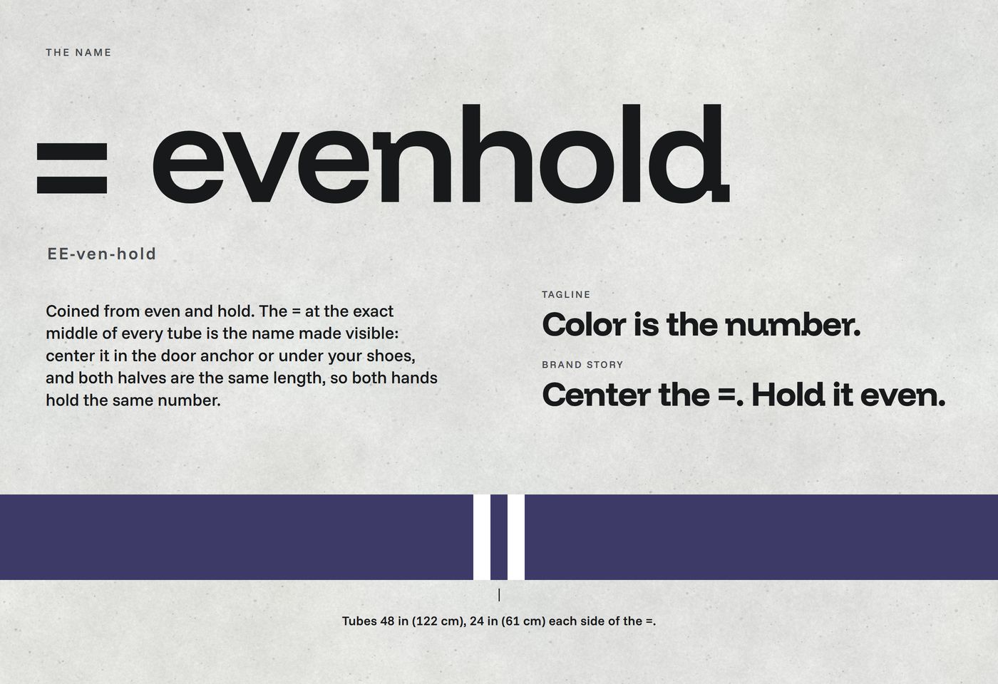 Chapter 02, the name: '= evenhold', the pronunciation EE-ven-hold, what the = means, the line and the Brand Story line; below, a purple band with two white bars at its middle