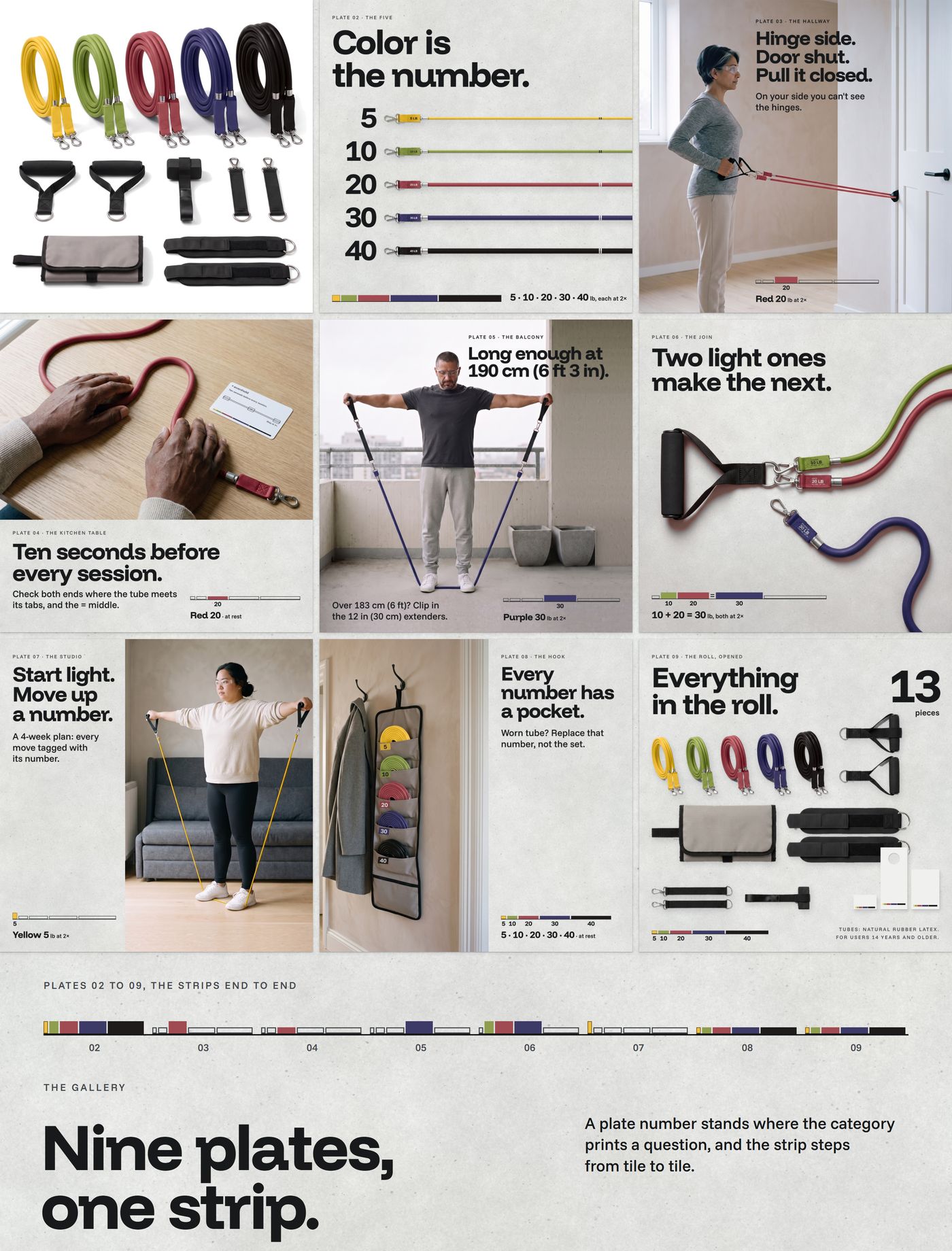 Chapter 04, the gallery, 'Nine plates, one strip.': nine images three by three, with the load strips of plates 02 to 09 below as one ribbon
