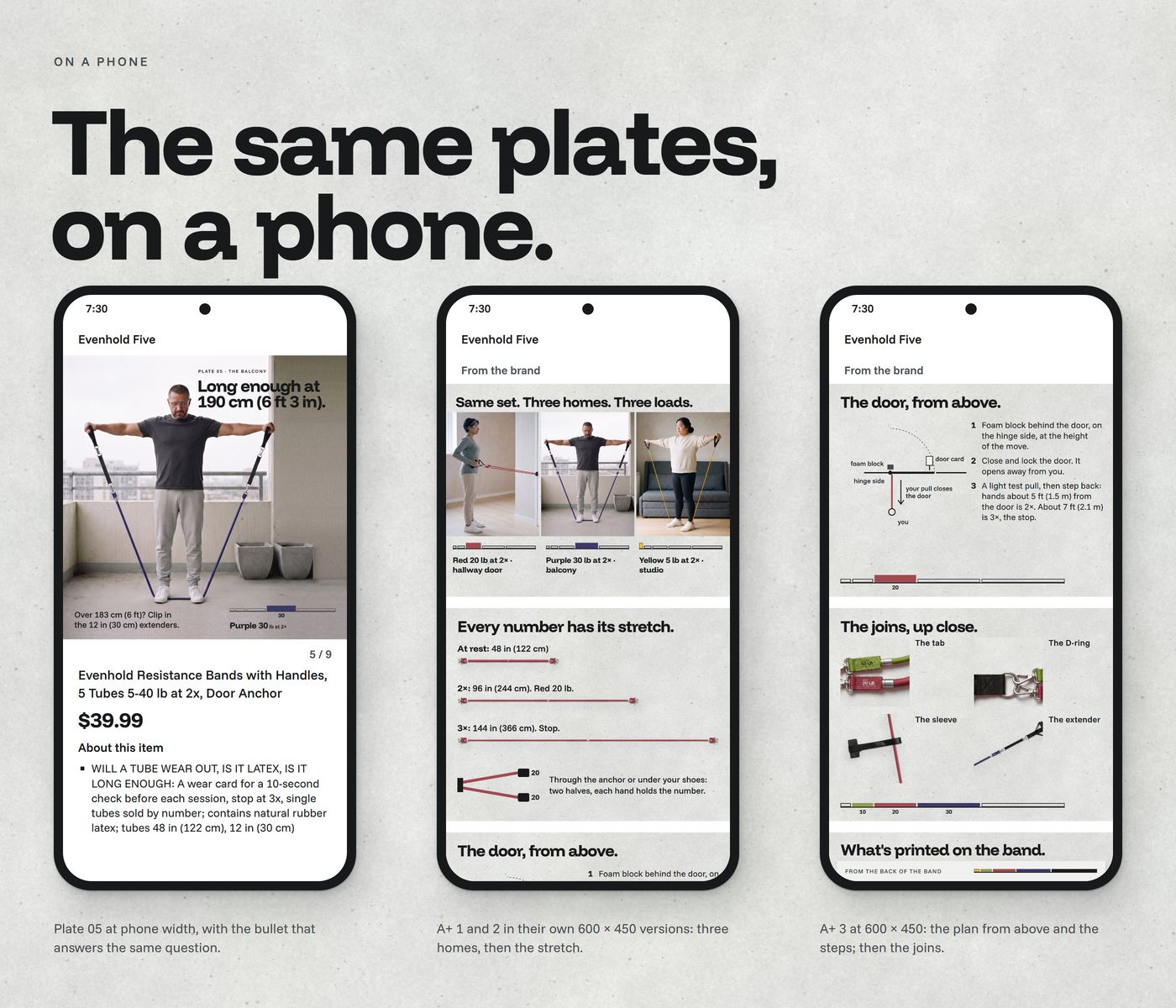 Chapter 05, 'The same plates, on a phone.': plate 05 with the headline, price and a bullet, and the A+ mobile variants on three phones